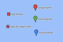 square pin = gig star pin = gigs & singers balloon pin -red = singers balloon pin - green\blue = instrumental balloon pin -orange = dance